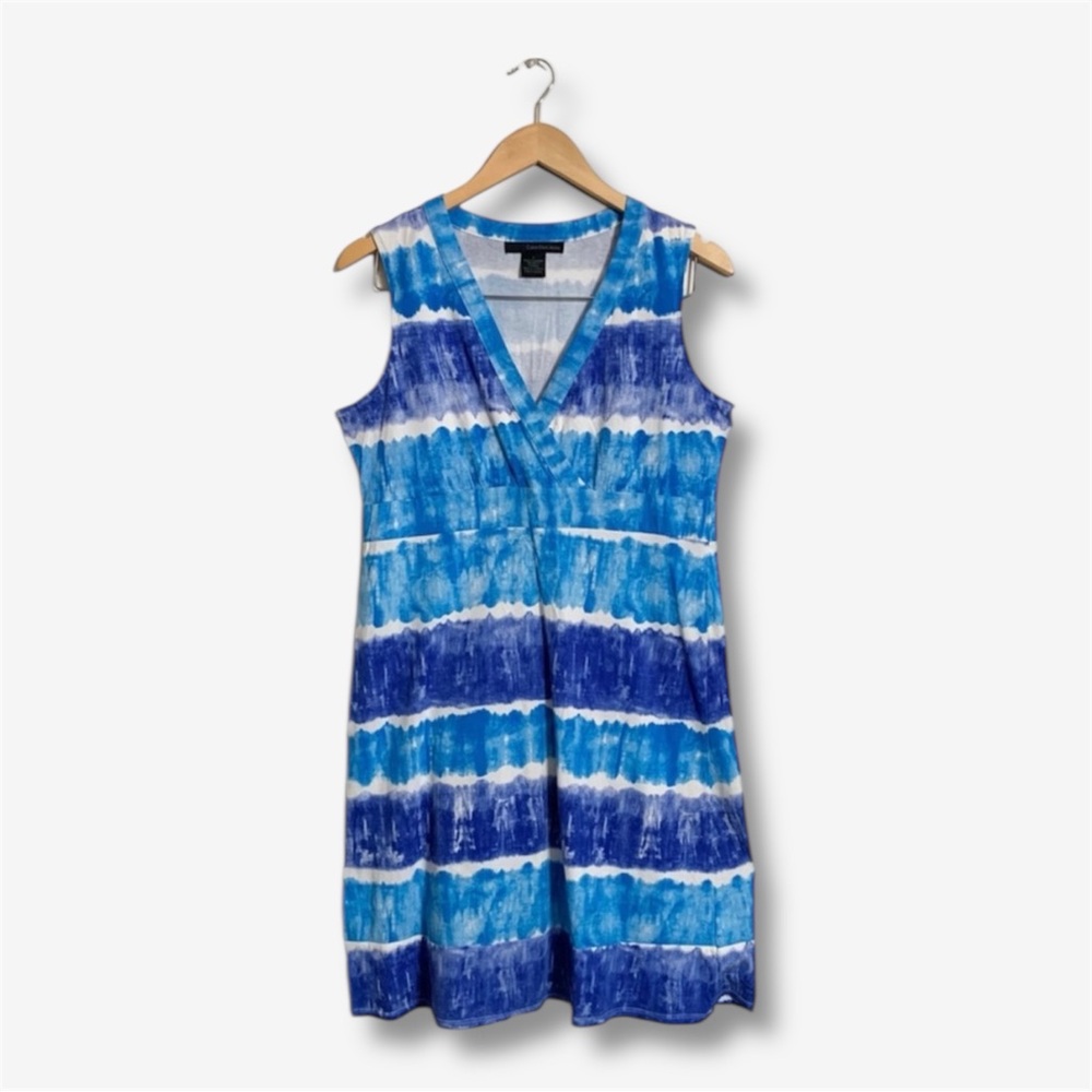 Calvin Klein Womens Tie Dye Stripe Mini Dress Sleeveless Wrap V-Neck Blue Medium